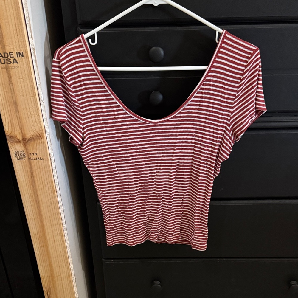 Express Red and White Striped V-Neck Tee